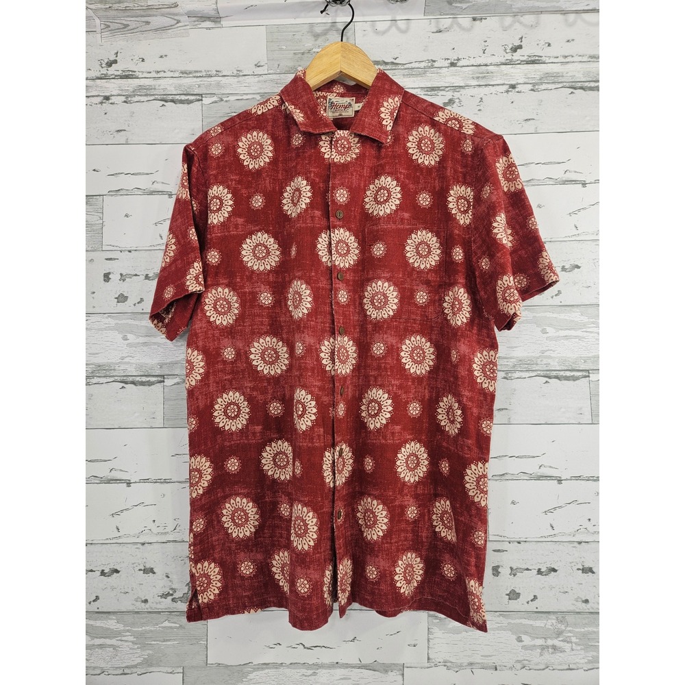 Faherty Hemp Organic Cotton Short Sleeve Button Down Shirt Red Mandala Mens M